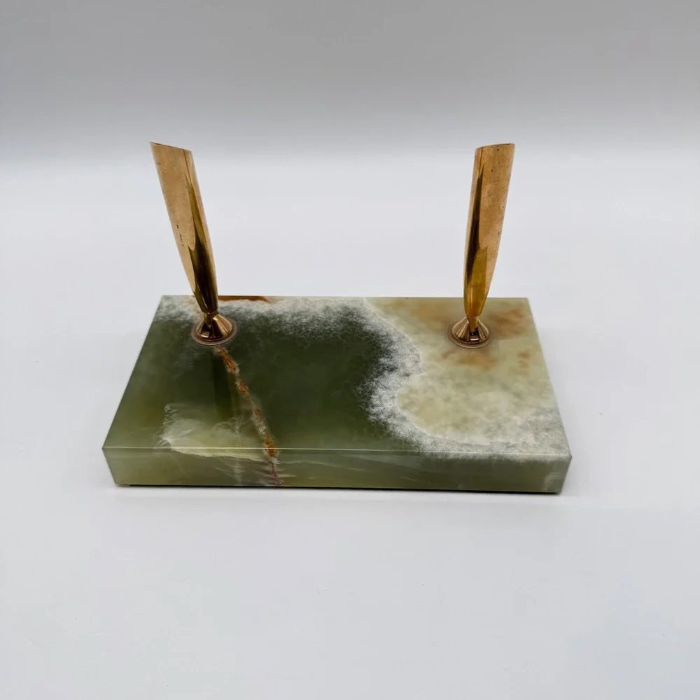 Vintage 1970's Sheaffer Desk Pen Set Green Onyx Marble Double Base Gold Trim